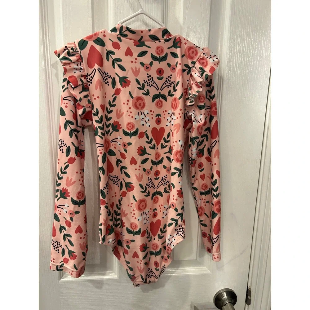 Tiny Tribe One‎ Piece Swimsuit Pink Floral Heart Ruffle Rash Guard Swimwear 7